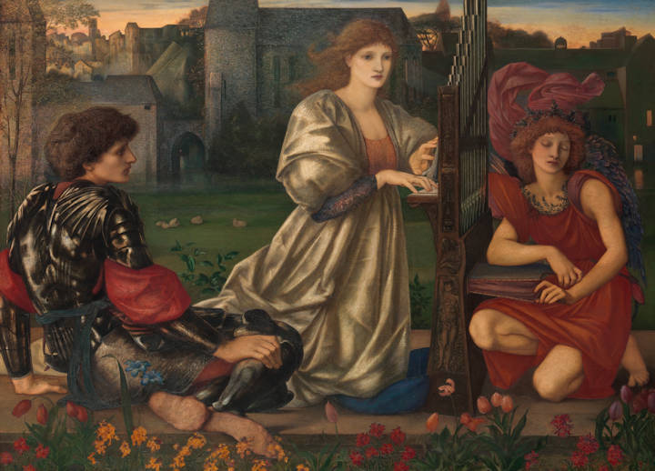 'The Love Song' painting by Sir Edward Burne-Jones, 1868–77. A man and a woman in a garden, the woman is playing a musical instrument, and the figure of Cupid is next to them. Image credit: The MET, Creative Commons